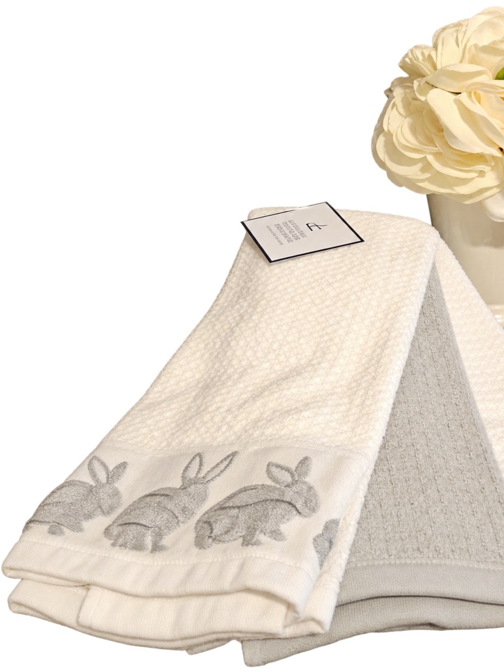 Cute Bunnies Deborah Connelly Kitchen Towel Set of 3 White/Gray RET $25 Spring
